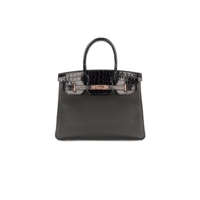 HERMÈS MASTER BIRKIN 30 TOUCH NOIR  BLACK SHINY CROCODILE NILOTICUS TOGO ROSE GOLD HARDWARE (30*23*15cm)
